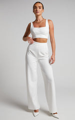 Elibeth Two Piece Set - Crop Top and High Waisted Wide Leg Pants Set in White