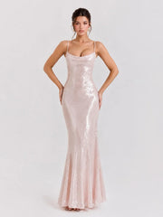 Sequin Mermaid Maxi Dress with Feather Cape