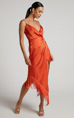 Rholie Midi Dress - Plunge Neck Fringe Hem Fixed Wrap Dress in Burnt Orange
