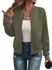 Women's Textured Knit Bomber Jacket | Zip-Up Casual Varsity Jacket