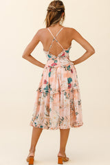 Laney Low Back Cami Strap Midi Dress Botanical Print Orange