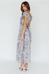 Linka Off-Shoulder Tie Back Midi Dress Printed Grey