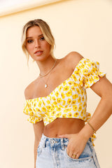 Linka Off-Shoulder Tie-Back Crop Top Flower Print Yellow