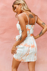 Bebe Satin Cowl Neck Wrap Dress Tie-Dye Orange