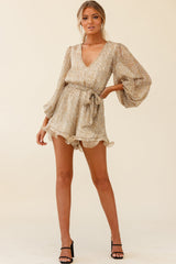 Hilda Long Sleeve Waist Tie Romper Leopard Print Mustard