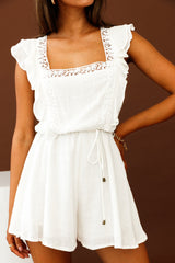 Meet Again Crochet Lace Trim Tie-Up Back Romper White