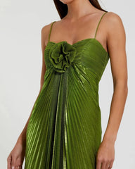 Green Metallic Pleated Gown With 3D Flower