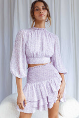 Whisked Away Shirred Waist Layered Mini Skirt Floral Print Lilac
