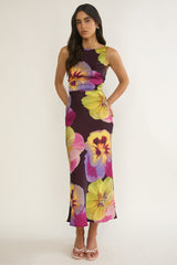Floating Strappy Low Back Maxi Dress Pansies Plum