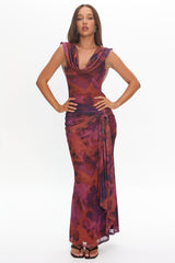 Virgo Season Draped Shoulder Maxi Dress Dark Rose