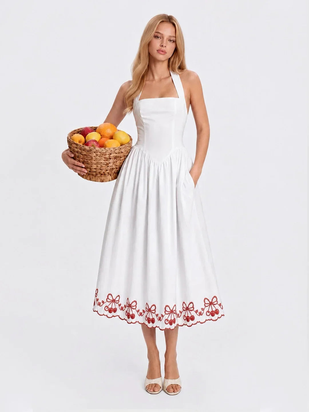 Cherry Embroidered Halter Midi Dress