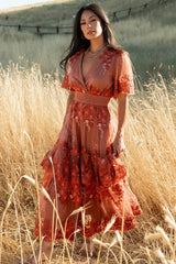 Lotte Embroidered Midi Dress | Rust