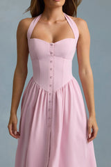 Button-Detail Halterneck Midaxi Dress in Soft Pink
