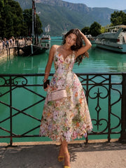 Watercolor Spaghetti Strap Eyelet Floral Midi Dress