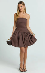 Almera Mini Dress - Strapless Ruched Dress in Chocolate