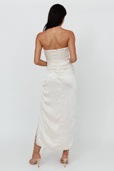 Winter Moon Strapless Lace Trim Midi Dress Champagne
