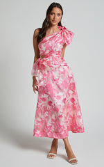 Adelia Midi Dress - One Shoulder Tie Side Cut Out Ribbon Detail Dress in Print