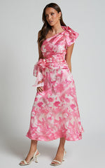 Adelia Midi Dress - One Shoulder Tie Side Cut Out Ribbon Detail Dress in Print