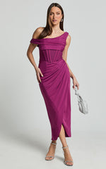 Aidia Midi Dress - Off Shoulder Draped Corset Dress in Plumss
