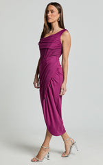 Aidia Midi Dress - Off Shoulder Draped Corset Dress in Plumss