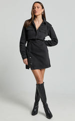 Ainsley Mini Dress - Button Through Long Sleeve Denim Dress in Washed Black