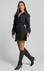 Ainsley Mini Dress - Button Through Long Sleeve Denim Dress in Washed Black