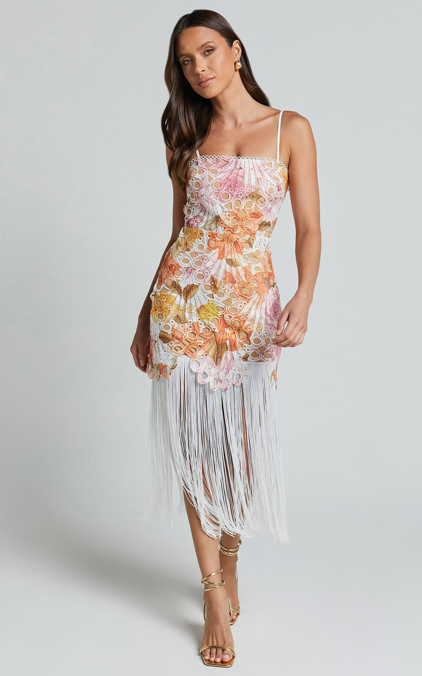 Alana Midi Dress - Embroidered Lace Dress With Fringing Detail in Pink