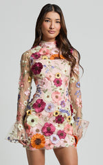 Albina Mini Dress - High Neck Long Sleeve Back Cut Out Dress in Pink