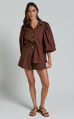 Amalie The Label - Janae Linen Blend Collared Puff Sleeve Button Up Shirt in Chocolate