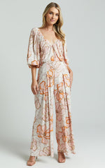 Amalie The Label - Berenice Linen Blend Puff Sleeve Wide Leg Jumpsuit in Maison Fleur