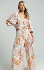 Amalie The Label - Berenice Linen Blend Puff Sleeve Wide Leg Jumpsuit in Maison Fleur