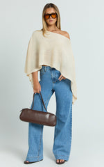 Amarie Top - Sheer Knit Off Shoulder Cape Top in Cream