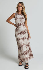 Amayra Midi Dress - High Neck Bodycon Dress in Beige Tie Dye