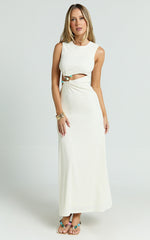 Amy Midi Dress - High Neck Cut Dress with Hardware Detail in Cream