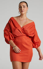 Anastasija Mini Dress - Off Shoulder V Neck Dress in Paprika