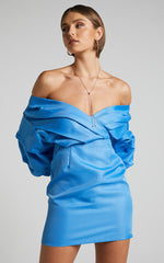 Anastasija Mini Dress - Off Shoulder V Neck Dress in Blue