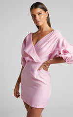 Anastasija Mini Dress - Off Shoulder V Neck Dress in Ice Pink