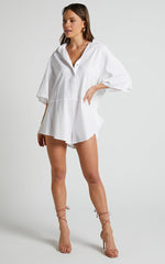 Ankana Playsuit - Short Sleeve Relaxed Button Front Playsuit in White