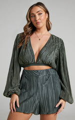 Archer Shorts - High Waisted Plisse Shorts in Olive