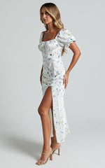 Arian Midi Dress - Puff Sleeve Slit Dress in White Floral