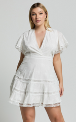 Ariana Mini Dress - V Neck Flutter Sleeve A Line in White