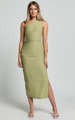 Arnie Midi Dress - One Shoulder Side Split Dress in Matcha Green