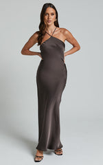 Aurora Midi Dress - Halter Tie Neck Satin Bias Cut Dress in Espresso