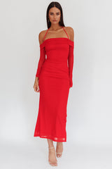 Numbers Game Off-Shoulder Halter Maxi Dress Red
