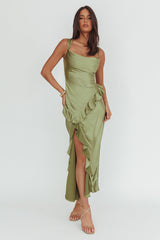 Sunshine Eternity Asymmetric Neckline Ruffle Maxi Dress Olive