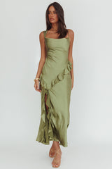 Sunshine Eternity Asymmetric Neckline Ruffle Maxi Dress Olive