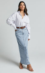 Bailee Midi Skirt - Denim Column Back Split Skirt in Light Blue Wash