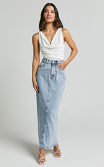 Bailee Midi Skirt - Denim Column Back Split Skirt in Light Blue Wash