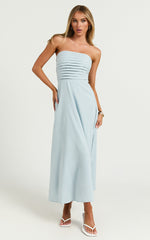 Barbra Midi Dress - Strapless Ruched Bodice Dress in Blue