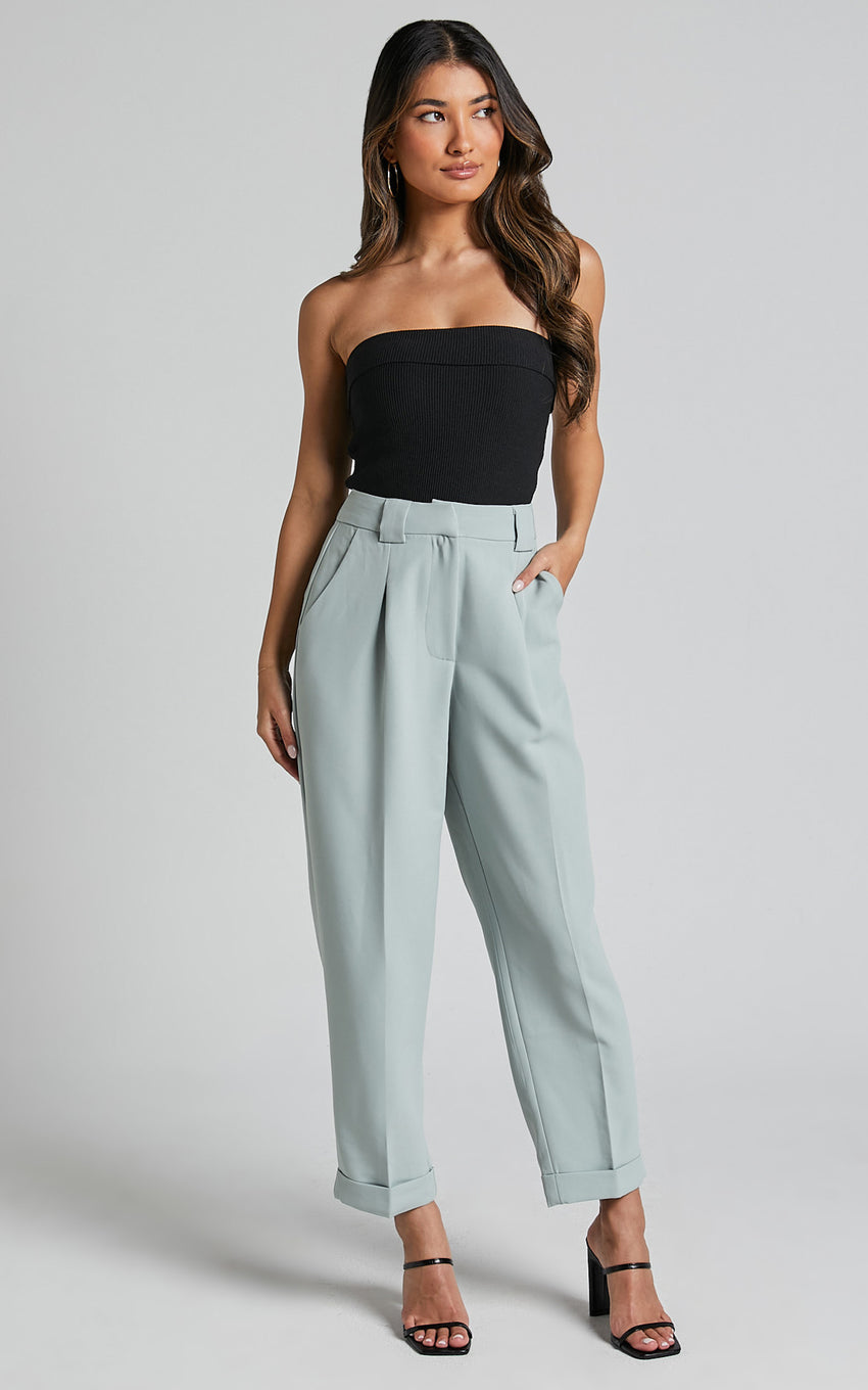 Bethanie Pants - Mid Rise Tailored Cuffed Relaxed Pants in Sage